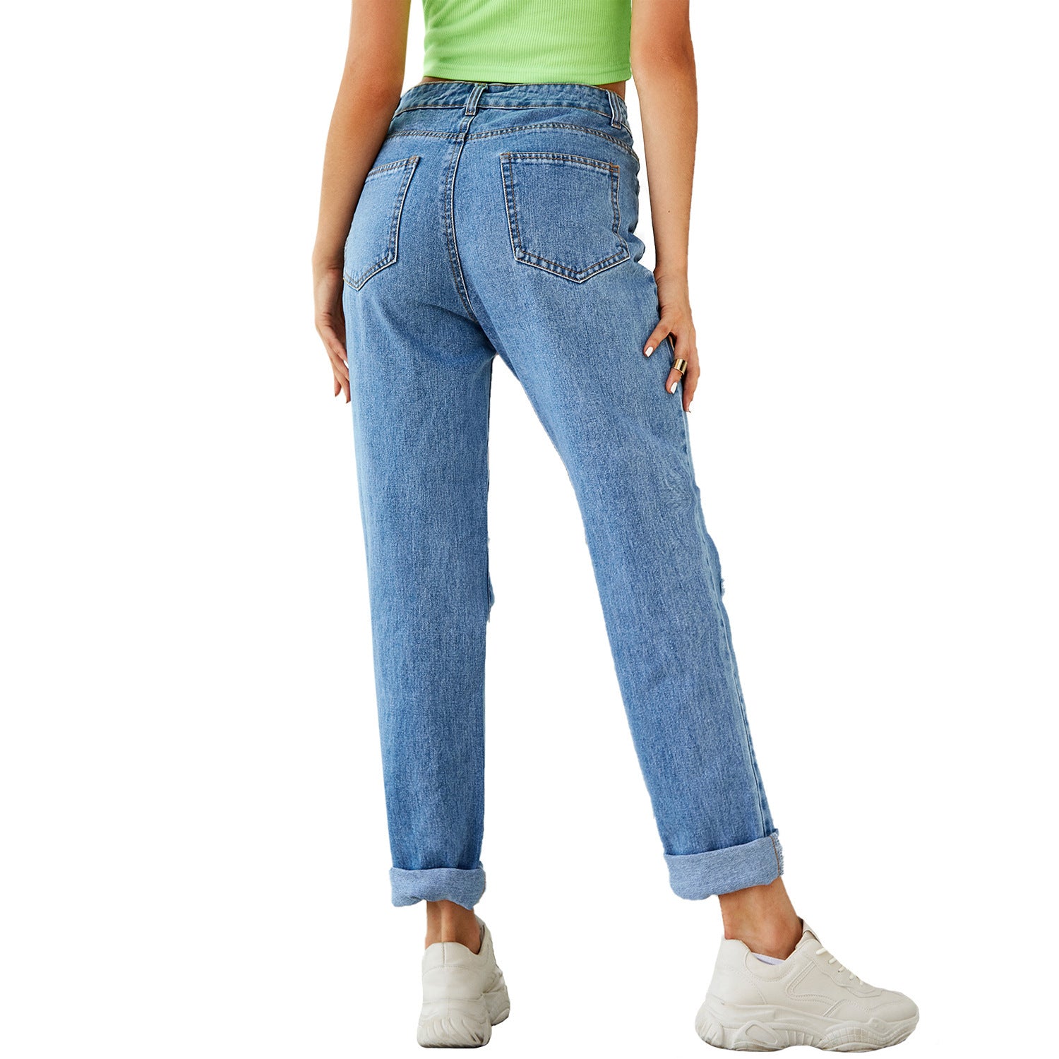 Women's Fashion High Waist Ripped Straight Denim Trousers ARZ