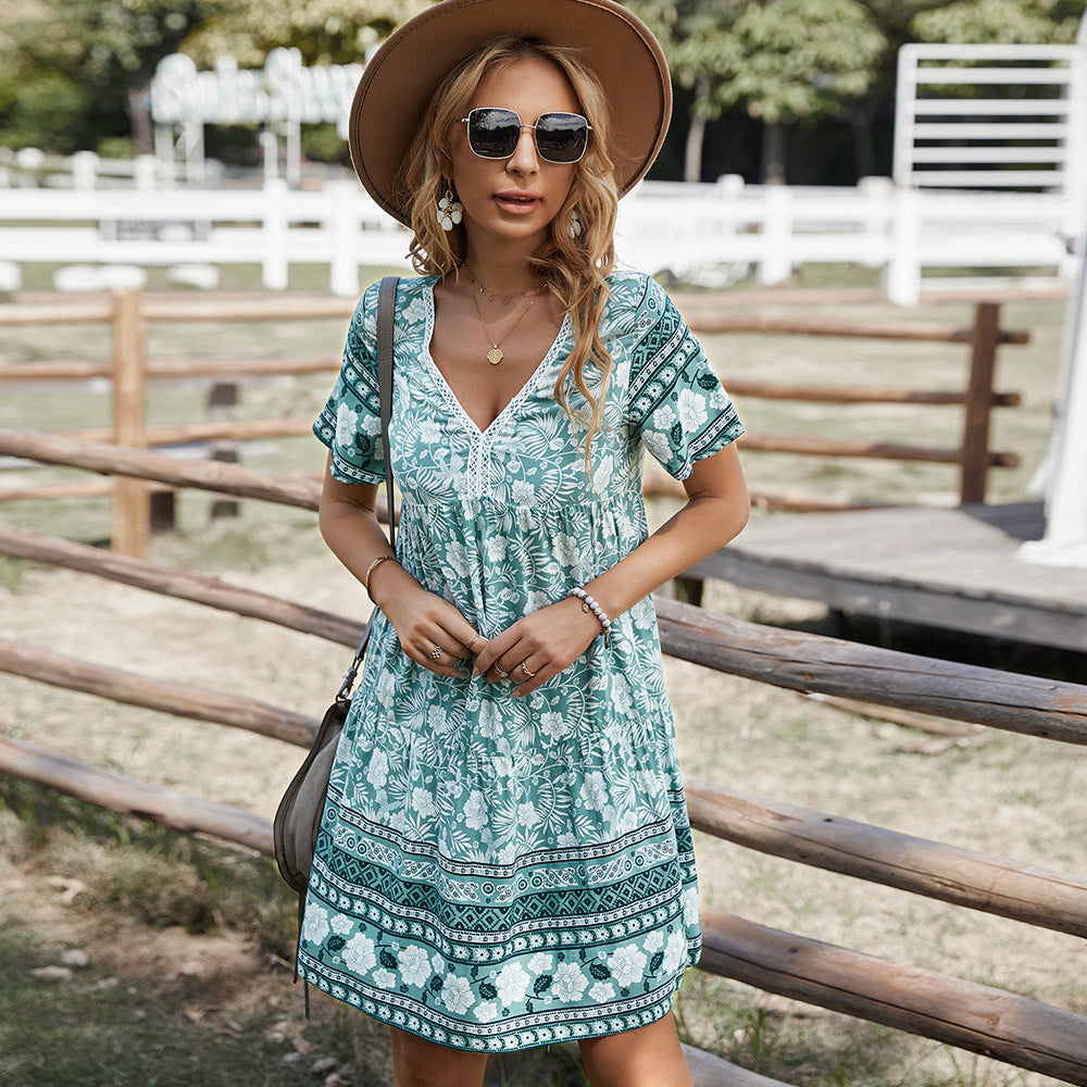 Women's Summer Boho Flower Print V Neck Dress ARZ