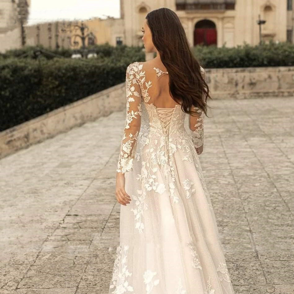 Long Sleeve Wedding Dress Mori Style Bridal Simple Round Neck ARZ