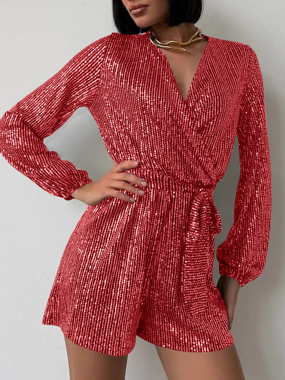 Full Size Sequin Surplice Tie Waist Long Sleeve Romper Trendsi