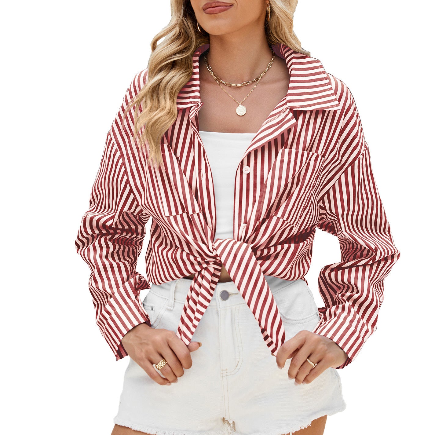 Fashion Striped Long Sleeve Shirt With Pockets Casual Loose Single-breasted Button Top Women Clothing ARZ