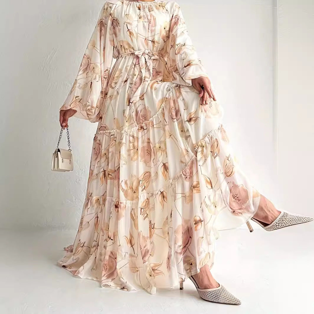 Middle East Chiffon Flower Print Long Fashion Elegant Dress ARZ