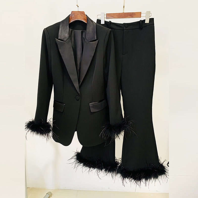 True Feathers Ostrich Fur Blazer Cropped Pants Set Two-piece Suit ARZ