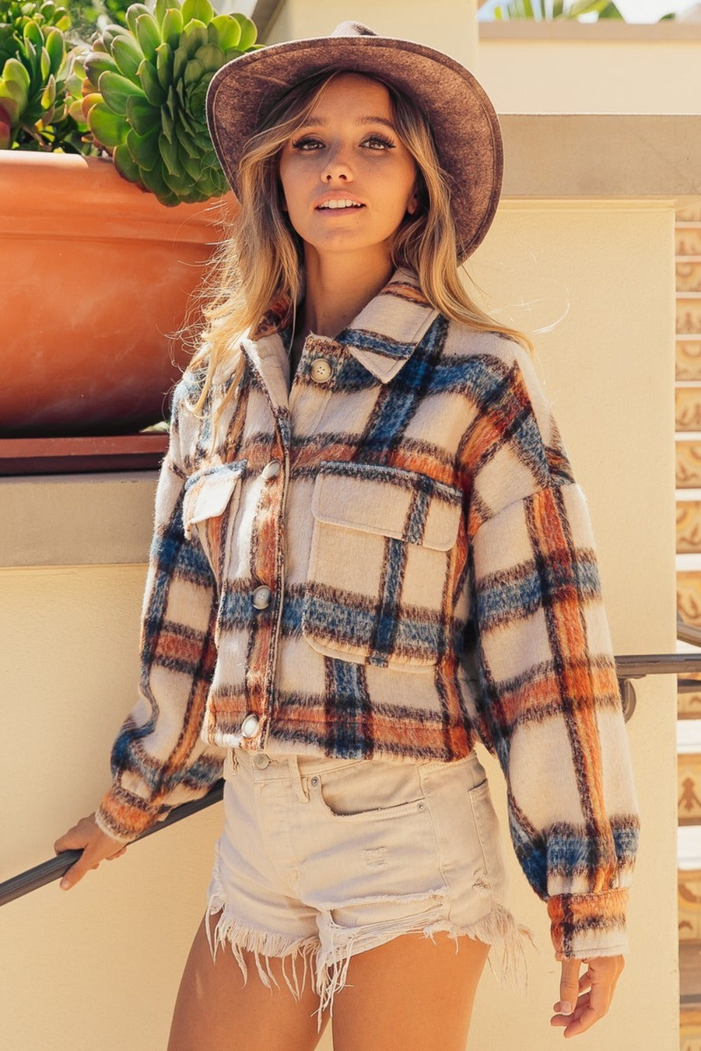 BiBi Brushed Plaid Crop Jacket with Pockets Trendsi