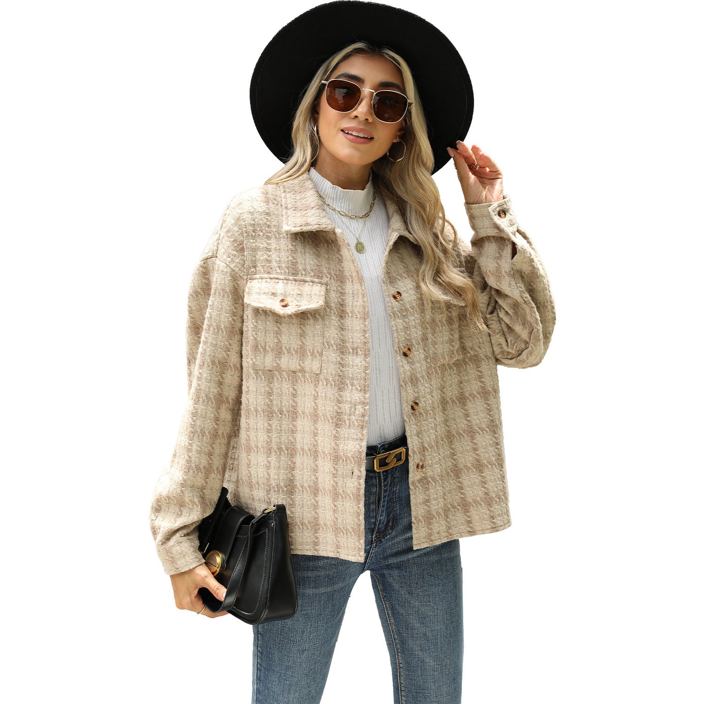 Women's Lapel Plaid Long Sleeve Baggy Coat ARZ