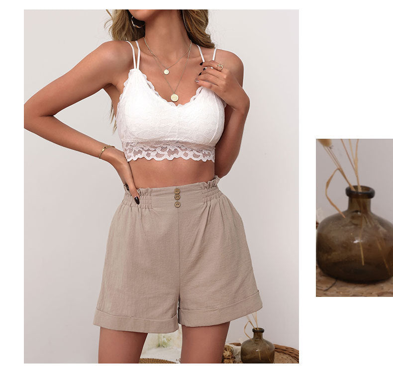 Cotton And Linen Loose Pants Casual Women's Elastic Waist Wide Leg Shorts ARZ