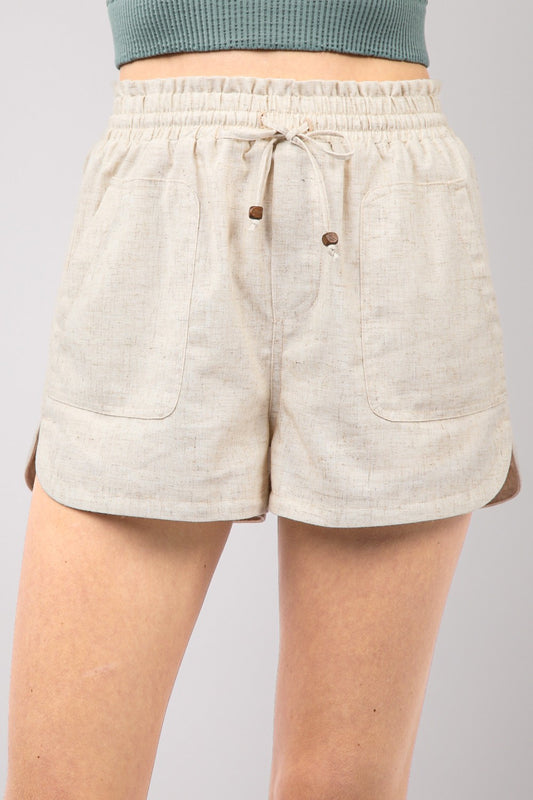 VERY J Drawstring Elastic Waist Linen Shorts Trendsi