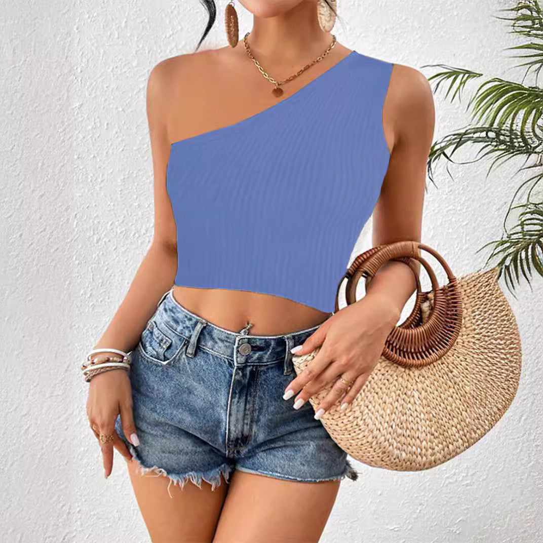 Women's Cropped One-shoulder Diagonal Collar Knitted Vest ARZ