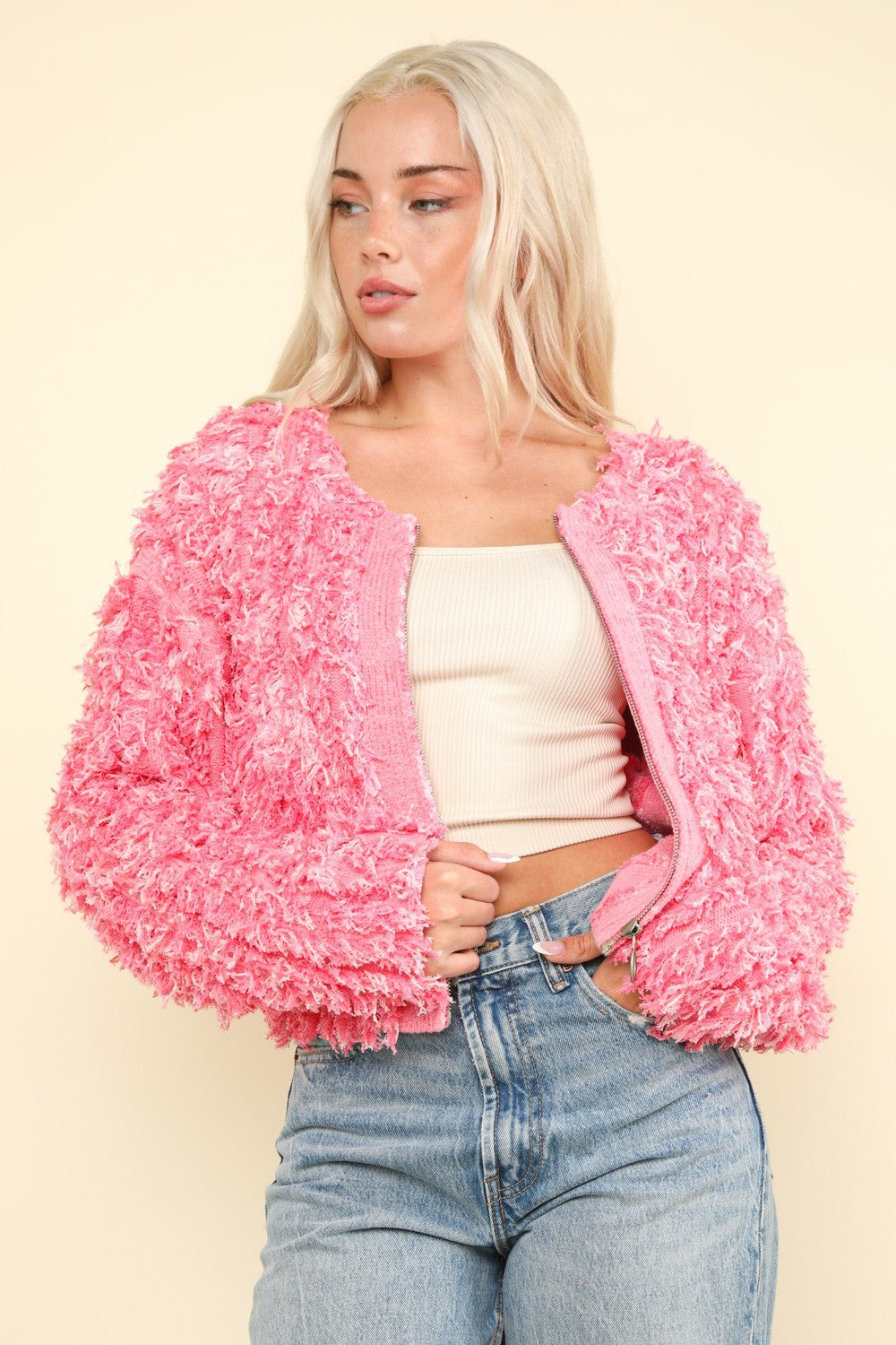 VERY J Shaggy Yarn Knit Zip Up Jacket Trendsi