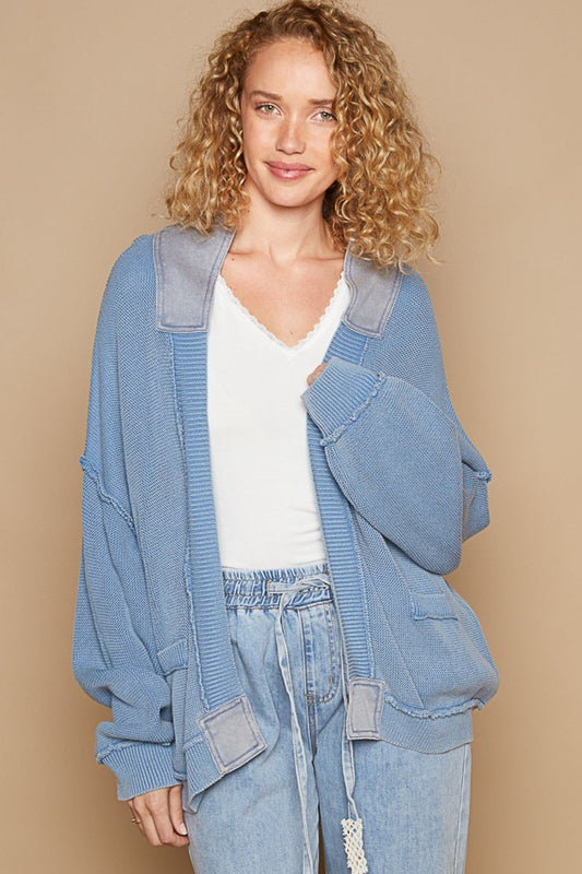 POL Open Front Washed Knit Cardigan with Pockets Trendsi