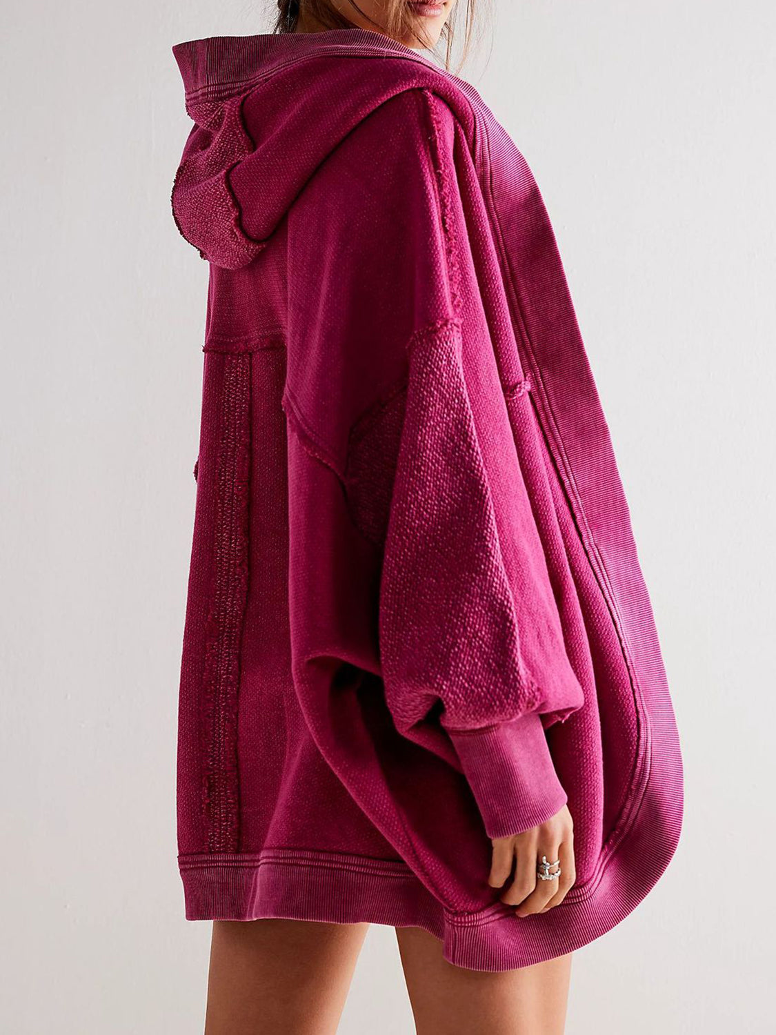 Exposed Seam Open Front Batwing Sleeve Hooded Cardigan Trendsi