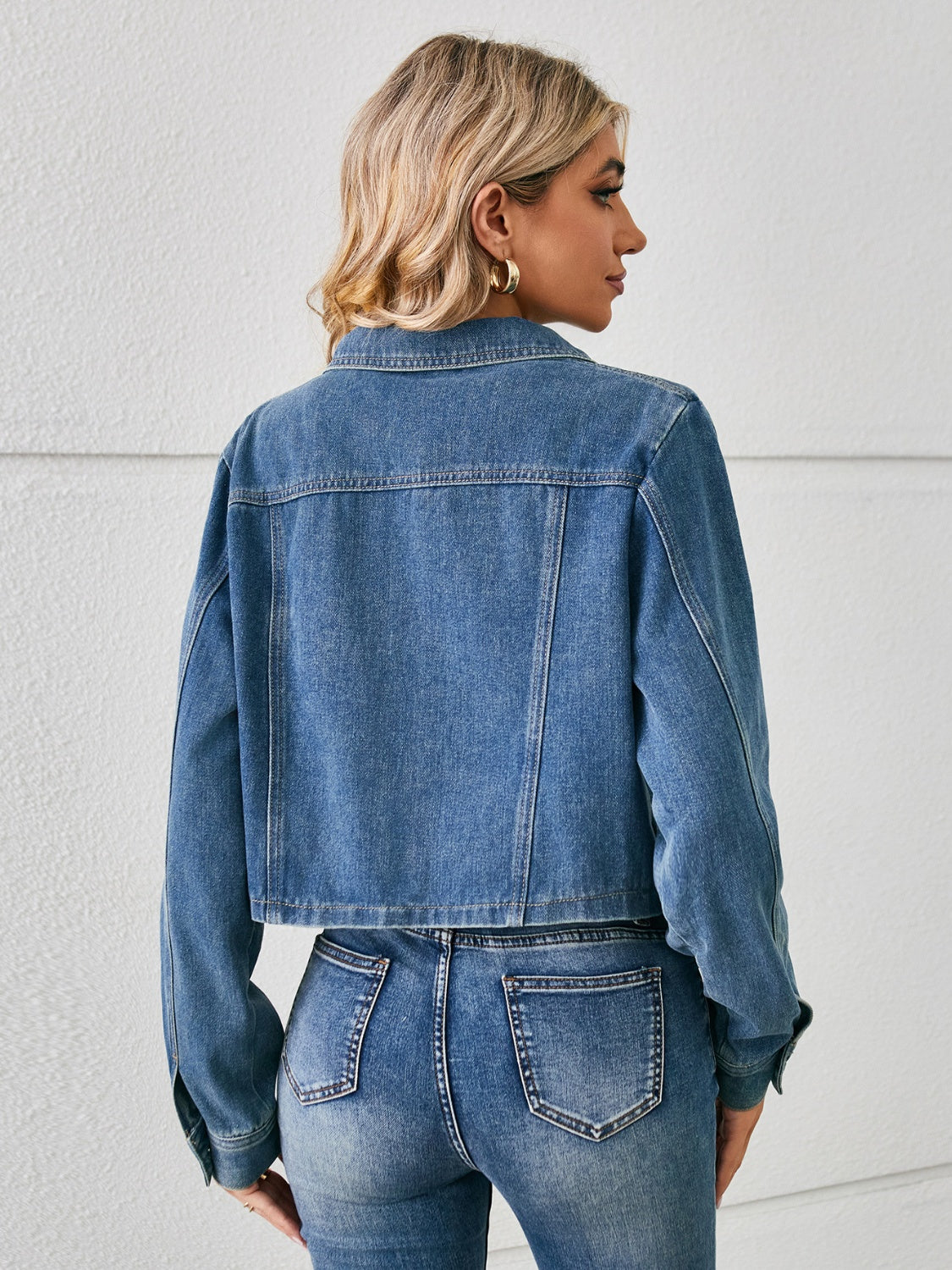 Button Up Long Sleeve Denim Jacket Trendsi