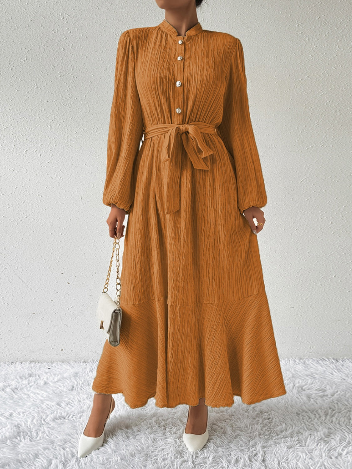 Honey Tie Waist Long Sleeve Dress Trendsi