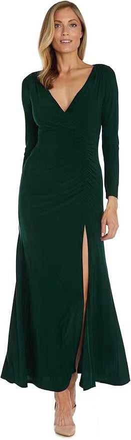 Skinny V-neck Pleated Long Sleeve Dress ARZ