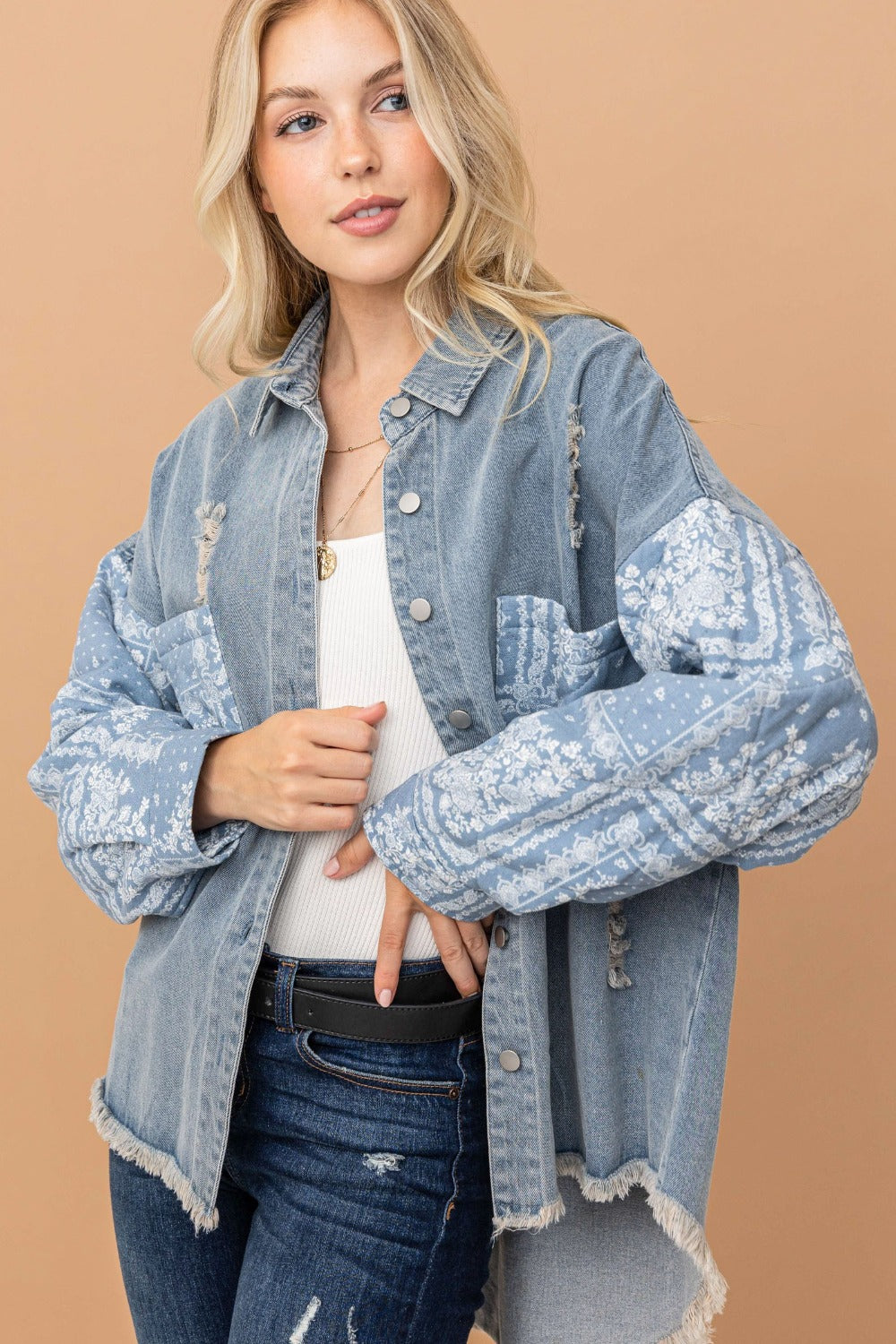 And The Why Full Size Paisley Print Quilted Sleeves Denim Jacket Trendsi