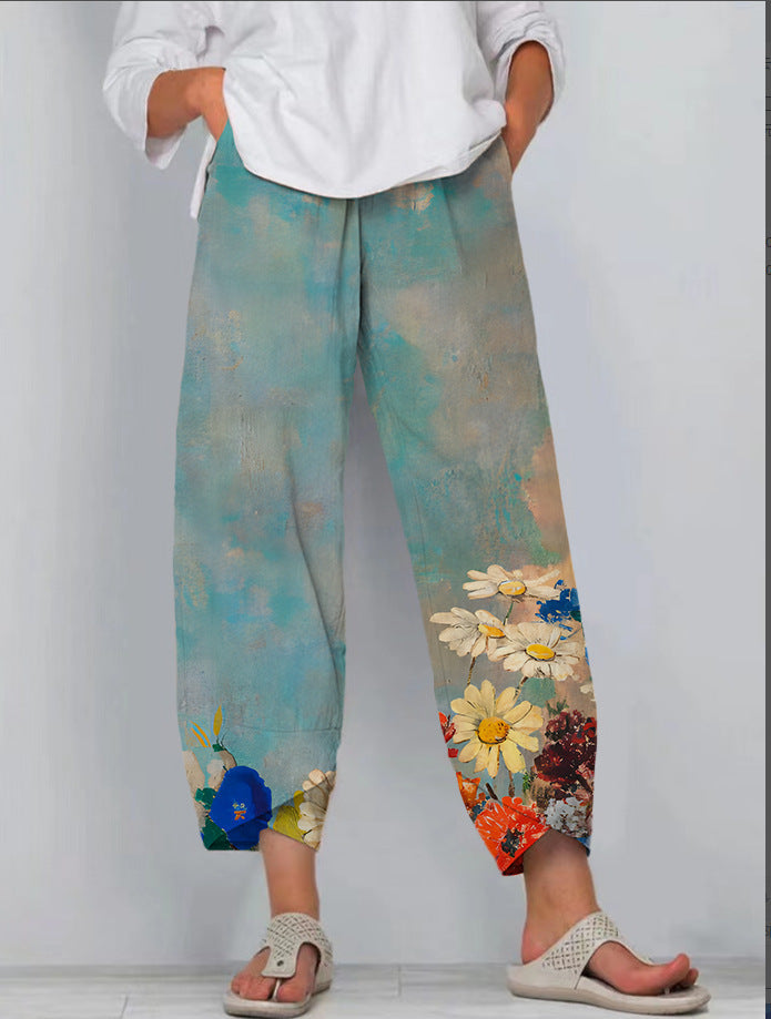 Printed Loose Casual Elastic Waist Straight-leg Pants ARZ