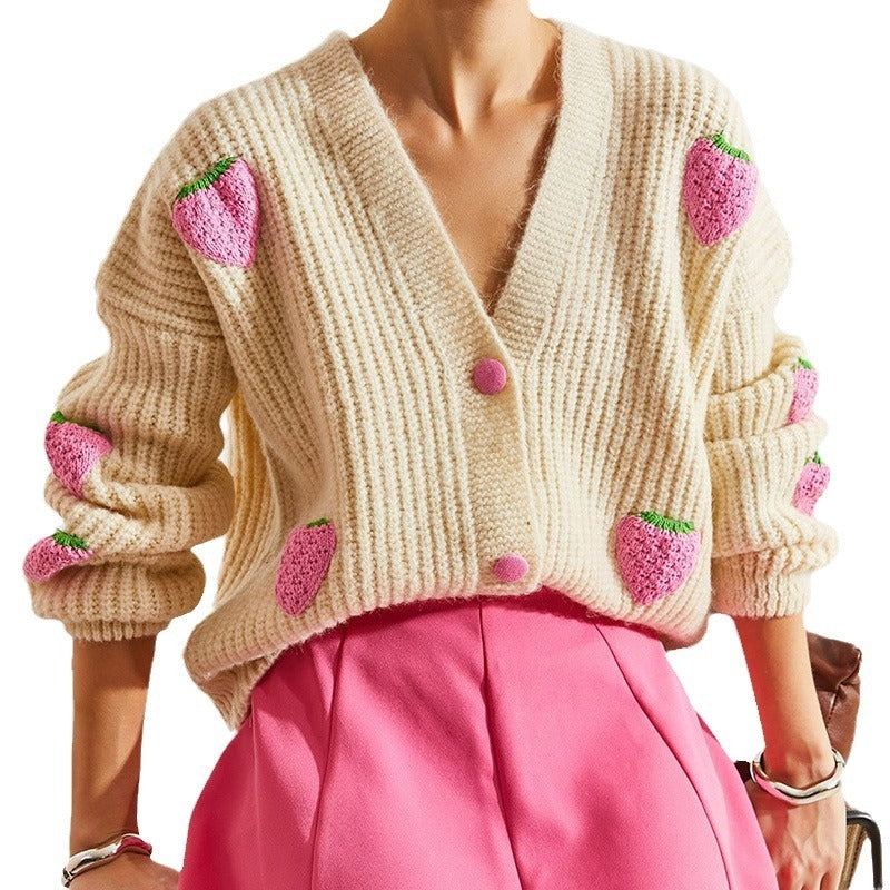 Sweet V-neck Beige Decorative Cardigan Sweater ARZ