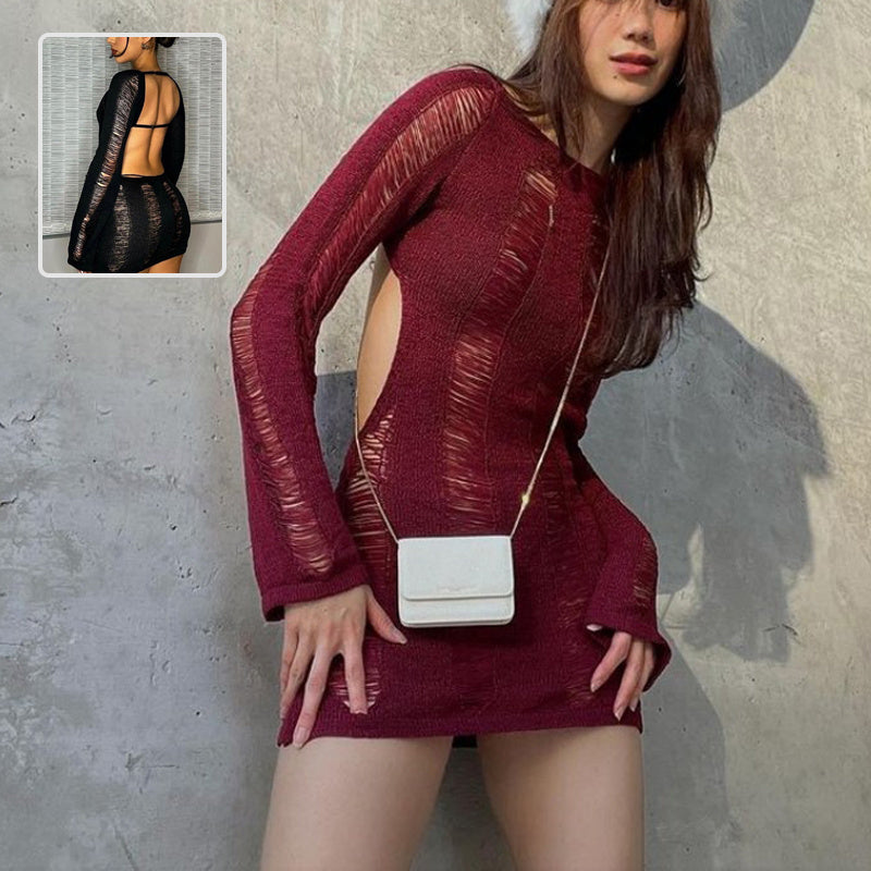 Fashion Slim Fit Hollow Long Sleeve Dress Y2K Sexy Backless Hip-hugging Short Dresses Womens Clothing ARZ