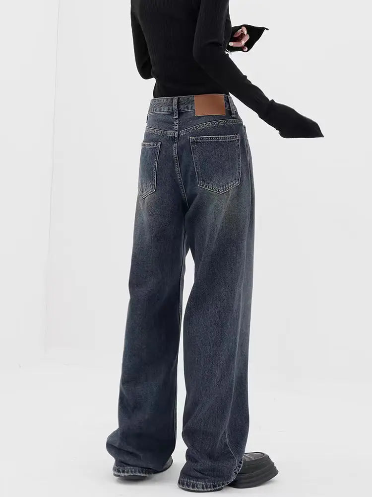 Retro Dark Blue Wide Leg Jeans Baggy Straight Trousers ARZ