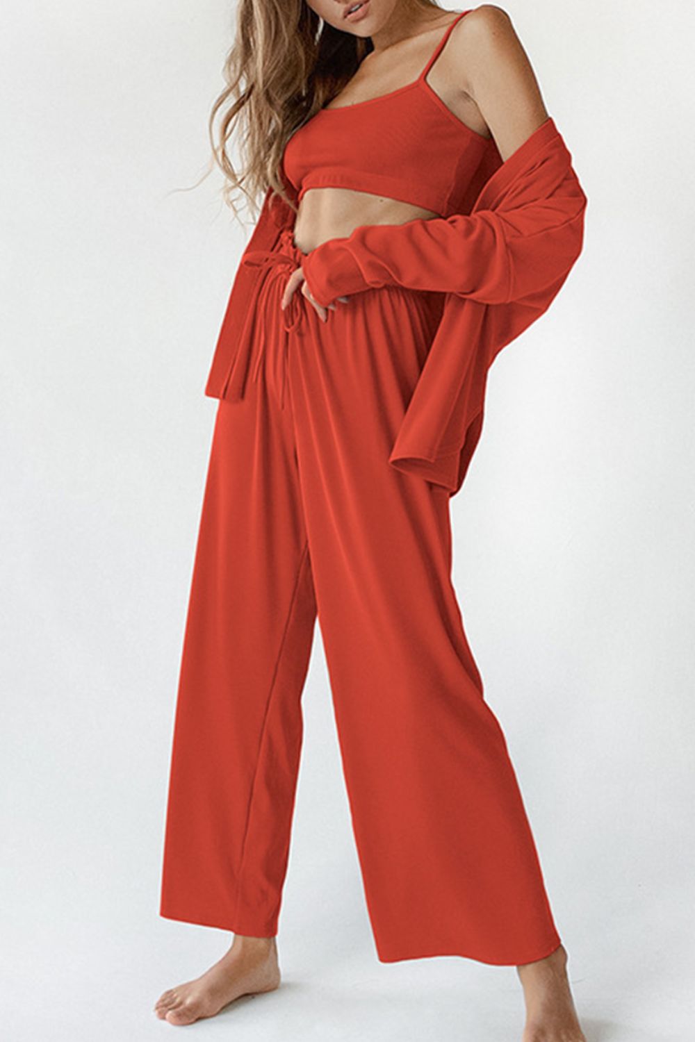 Spaghetti Strap Bra, Open Front Cardigan and Drawstring Pants Set Trendsi