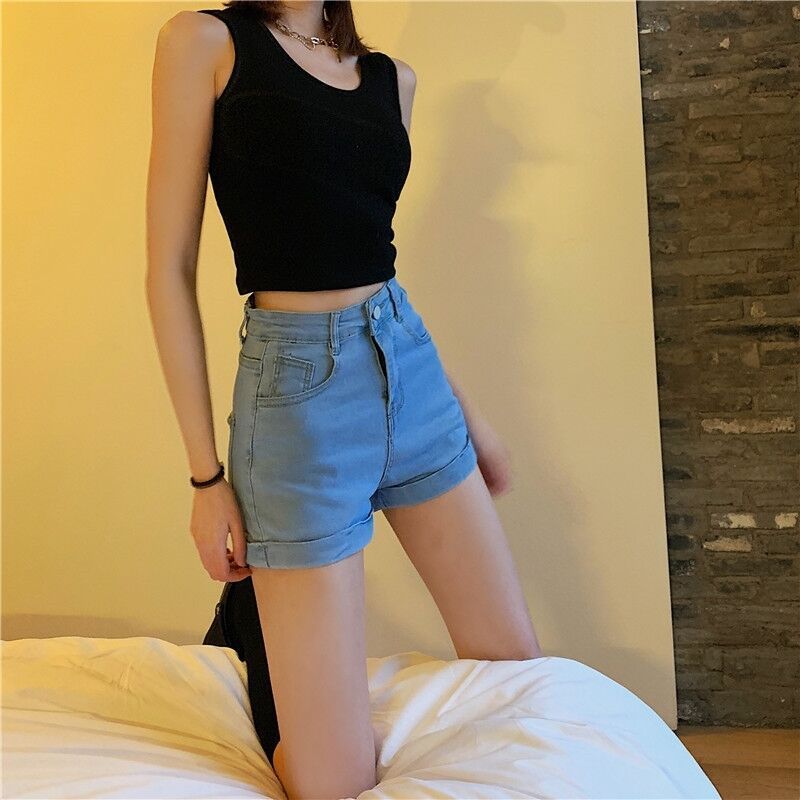 Women's Solid Color High Waist Curl Denim Shorts ARZ