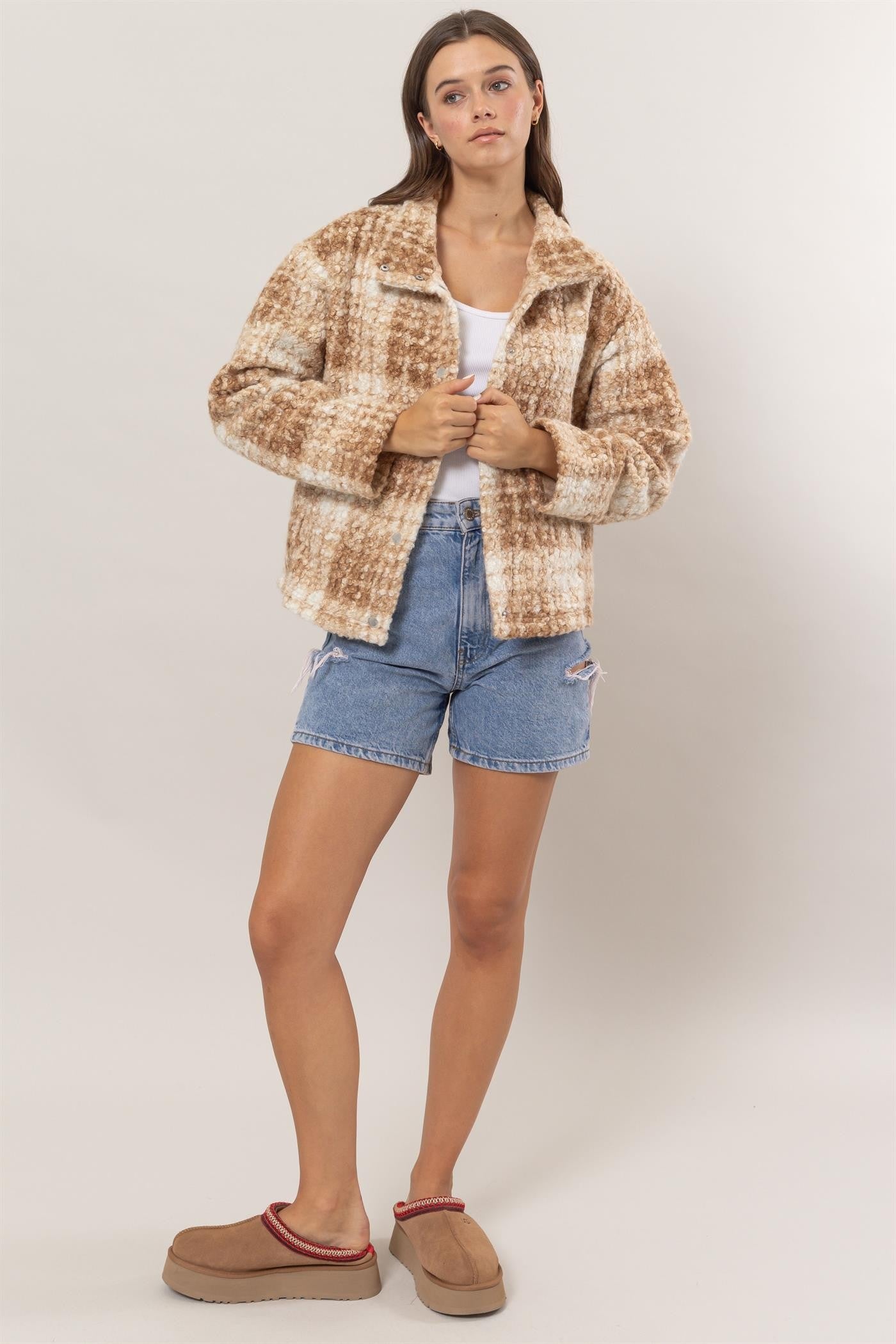 HYFVE Plaid Collared Neck Boucle Jacket with Pockets Trendsi