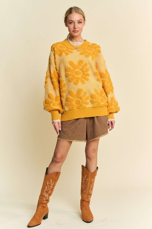 Davi & Dani Flower Texture Round Neck Dropped Shoulder Sweater Trendsi