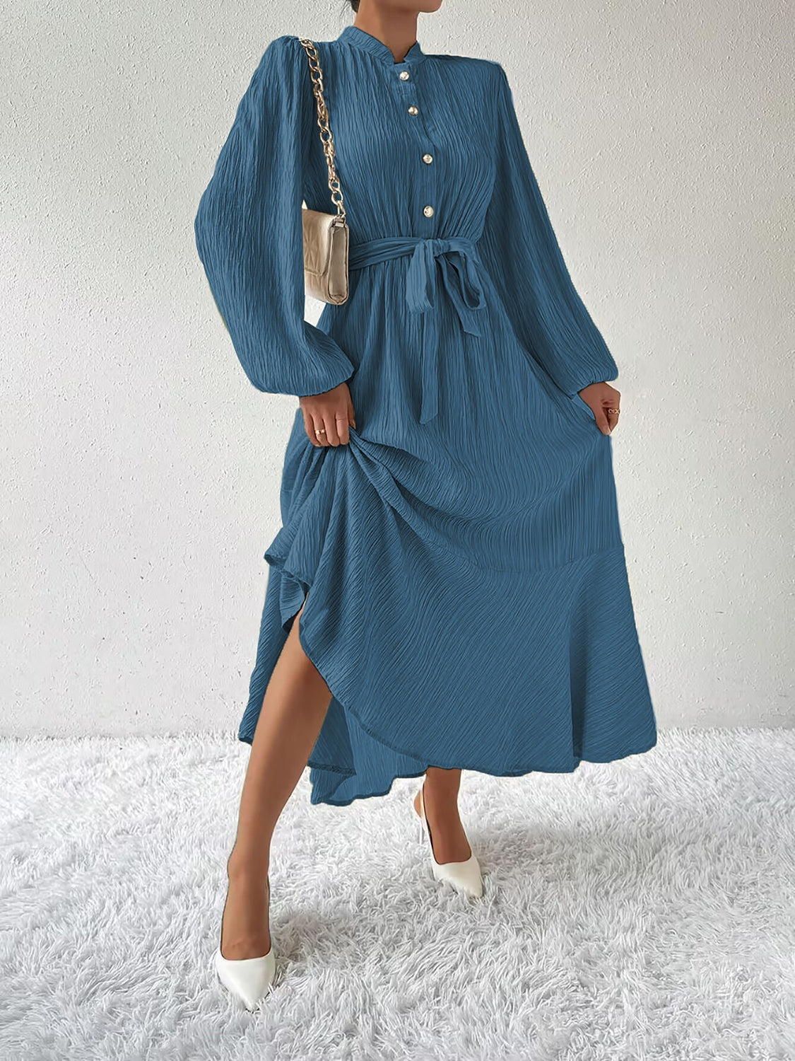 Honey Tie Waist Long Sleeve Dress Trendsi