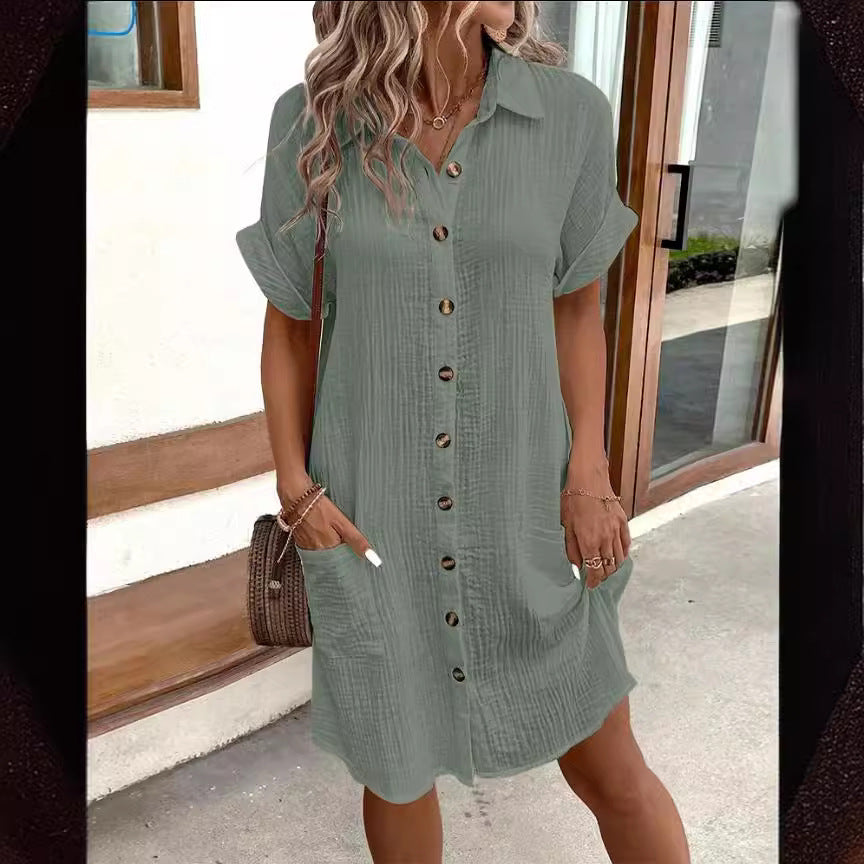 Summer Short Sleeve Shirt Dress Fashion Solid Color Single-breasted Mid-length Loose Dress ARZ