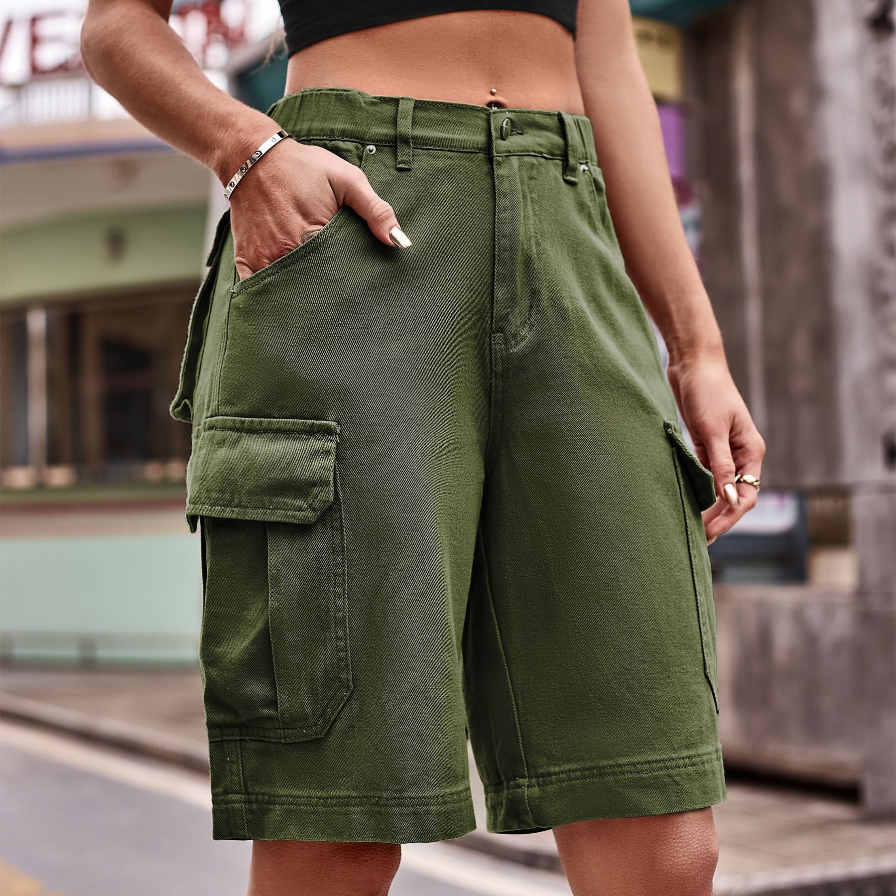 Summer Women's Elastic Waist Denim Cargo Pants Shorts ARZ