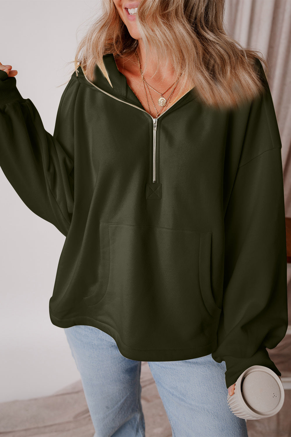 Pocketed Half Zip Dropped Shoulder Hoodie Trendsi