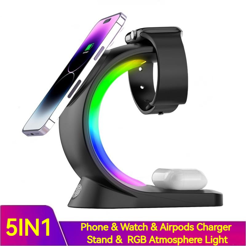 4 In 1 Magnetic Wireless Charger Fast Charging For Smart Phone Atmosphere Light Charging Station For Airpods Pro I-phone Watch ARZ