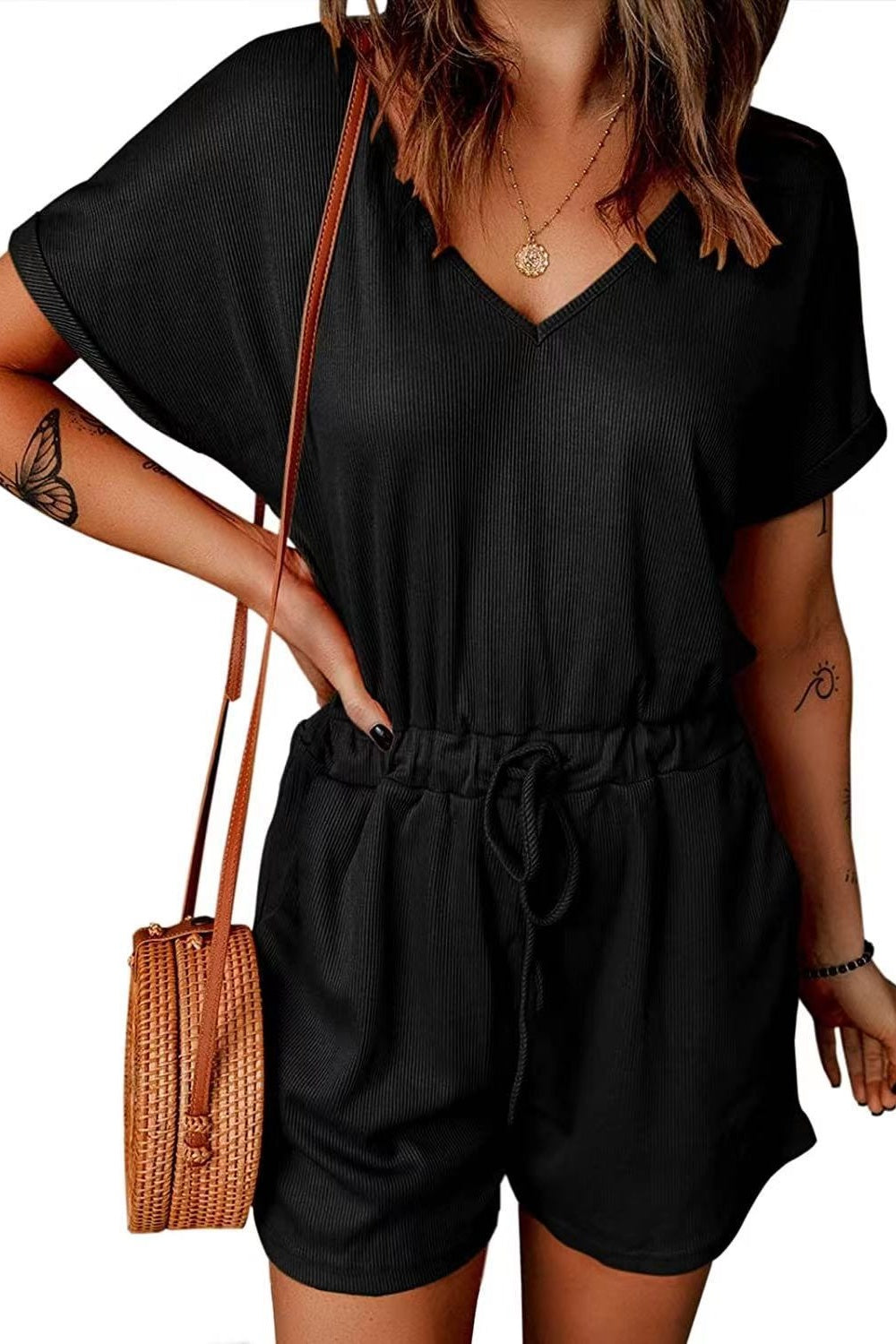 Full Size Drawstring V-Neck Short Sleeve Romper Trendsi