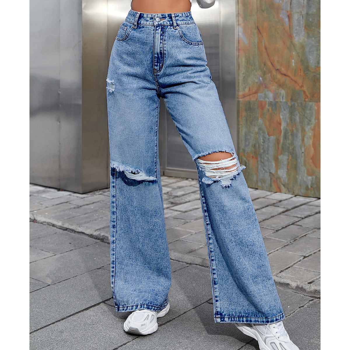 Women's Fashion Holes High Waist Casual Denim Trousers ARZ