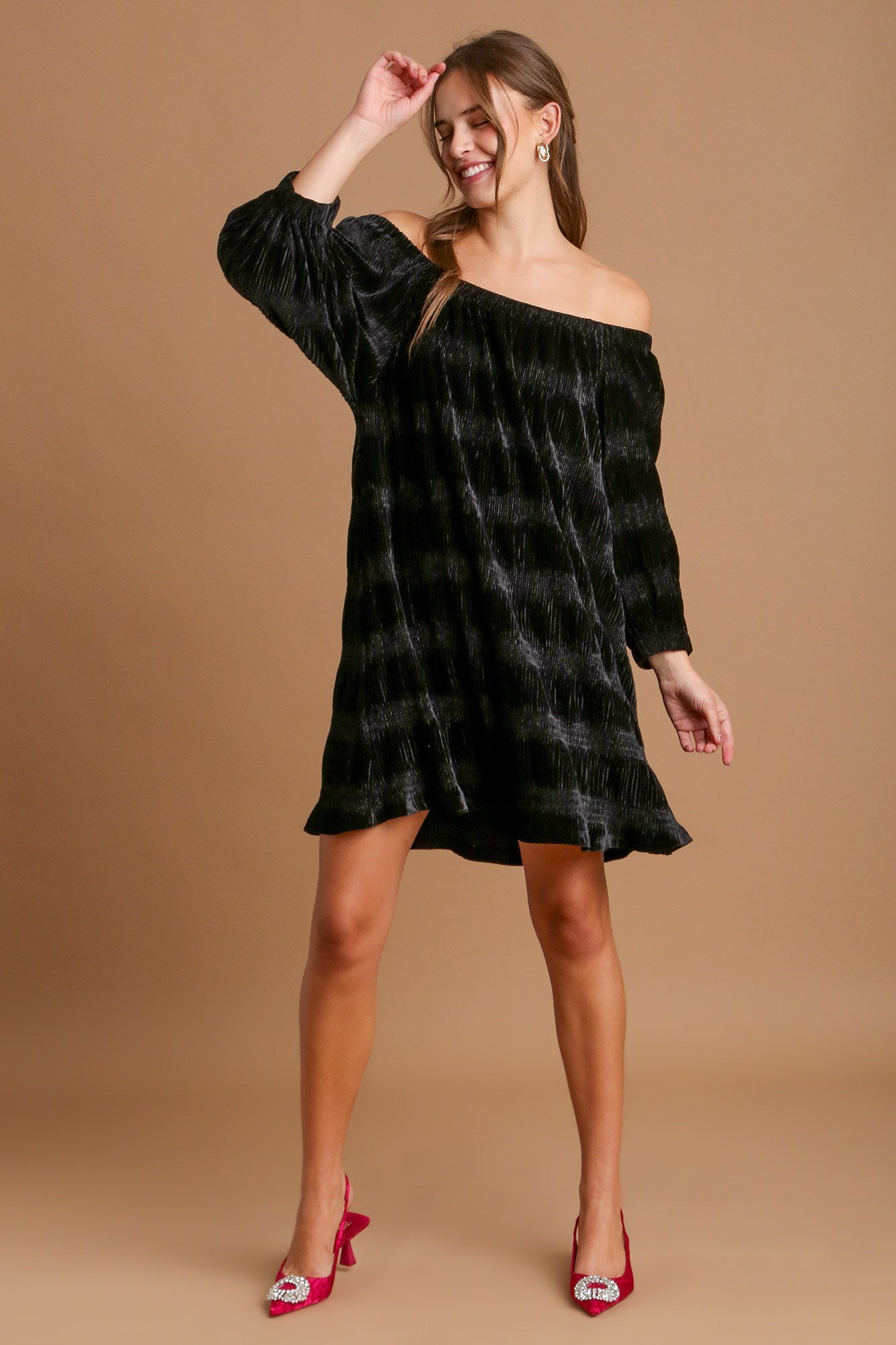 Umgee Off-Shoulder Balloon Sleeve Velvet Mini Dress Trendsi