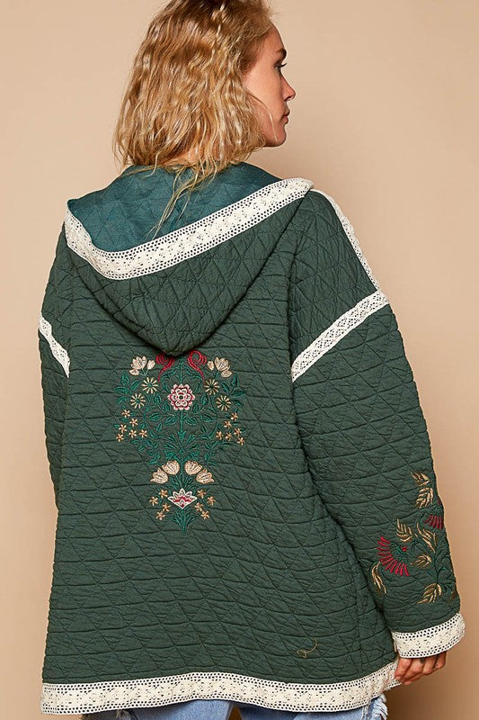 POL Embroidered Open Front Quilted Jacket with Crochet Pockets Trendsi