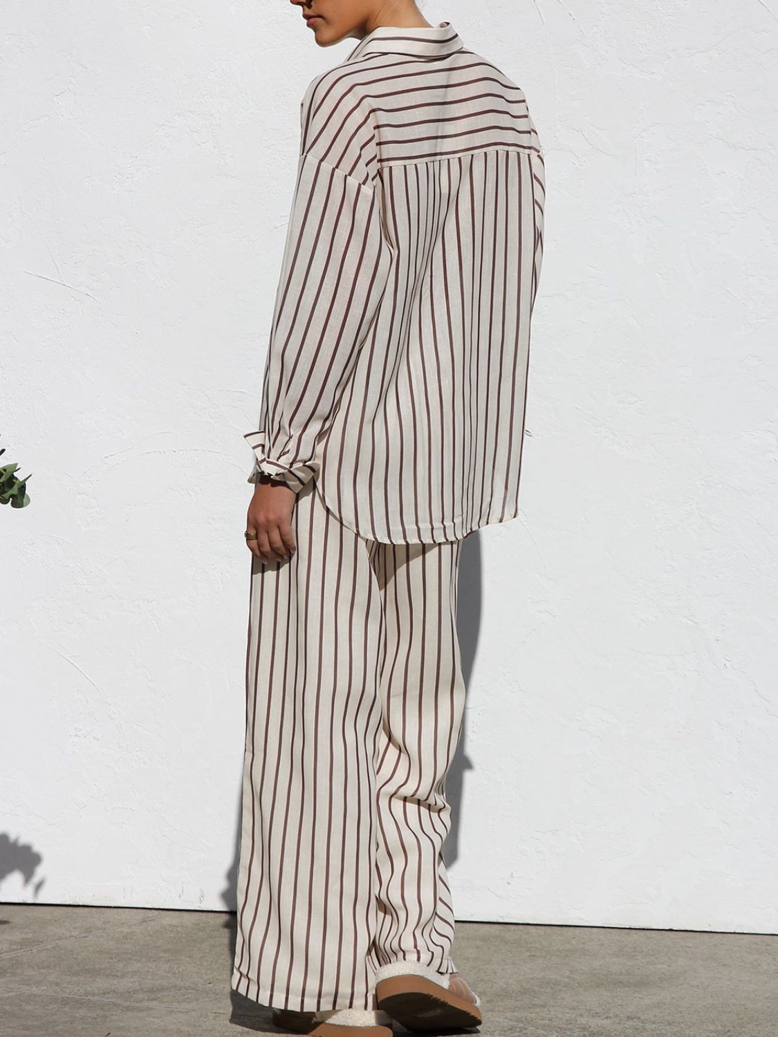 Striped Pants: Collared Neck Long Sleeve Top & Pants Set Trendsi