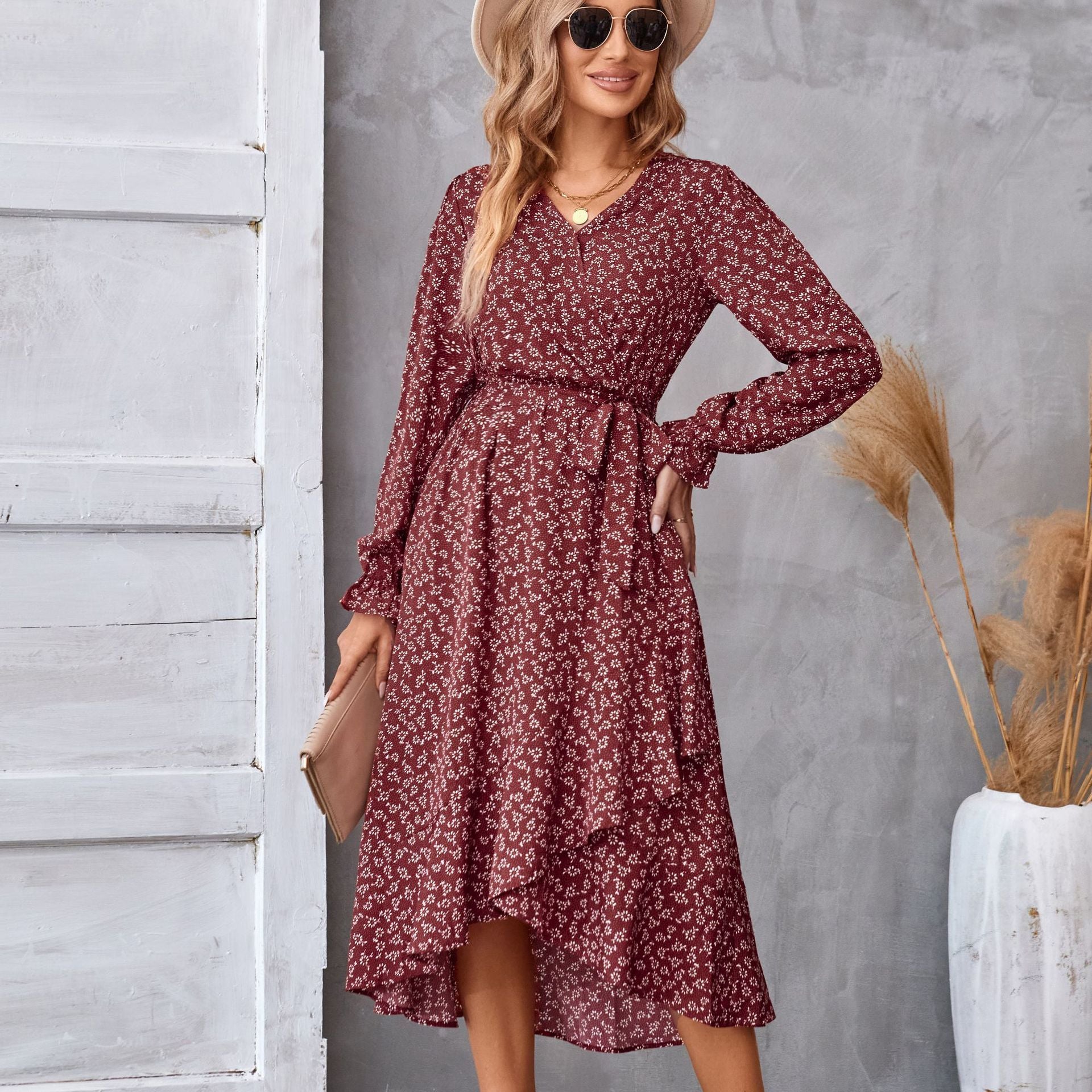 Flowers Print Long Sleeve Dress Fashion Ruffled Commuter Temperament Dresses Womens Clothing ARZ