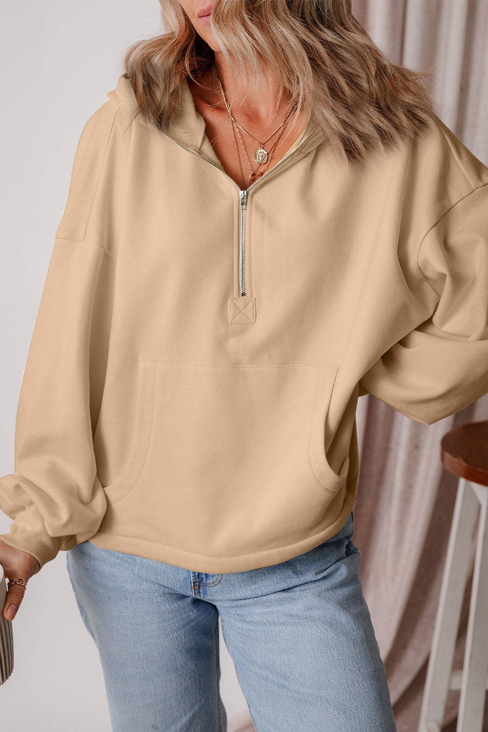 Pocketed Half Zip Dropped Shoulder Hoodie Trendsi