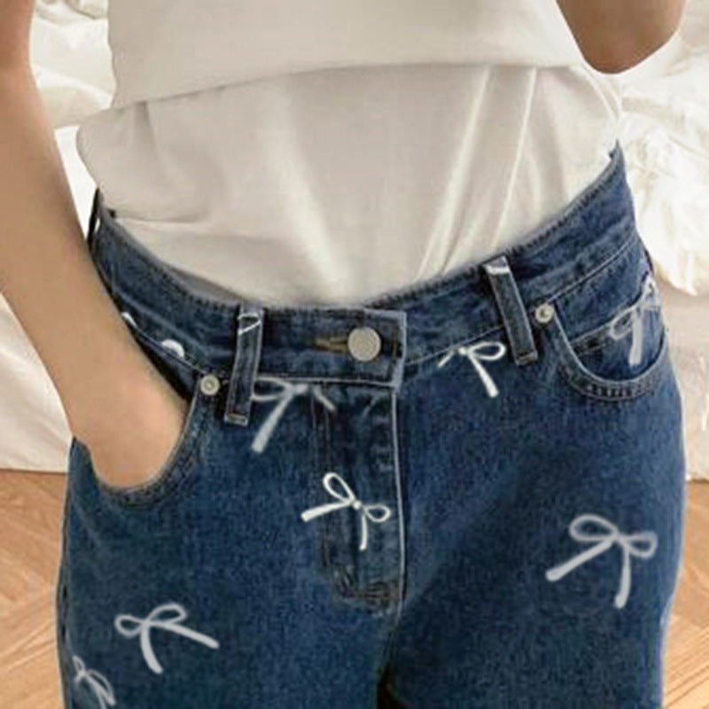 Girly Style Bow Vintage Print Loose Jeans ARZ