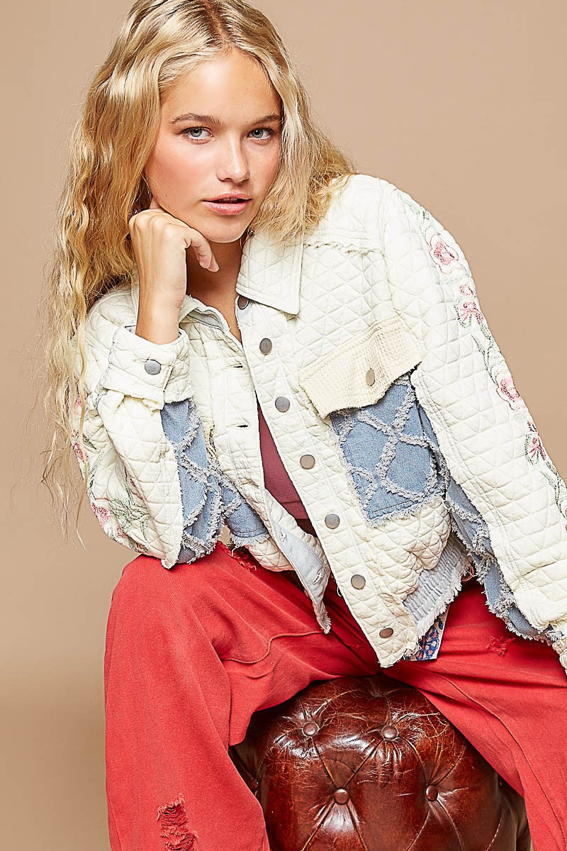 POL Embroidered Sleeve Raw Edge Quilted Jacket Trendsi