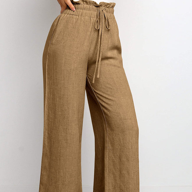 Elastic Waistband Lace-up Wide Leg Pants Solid Color Cropped Pants ARZ