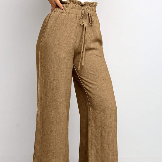 Elastic Waistband Lace-up Wide Leg Pants Solid Color Cropped Pants ARZ