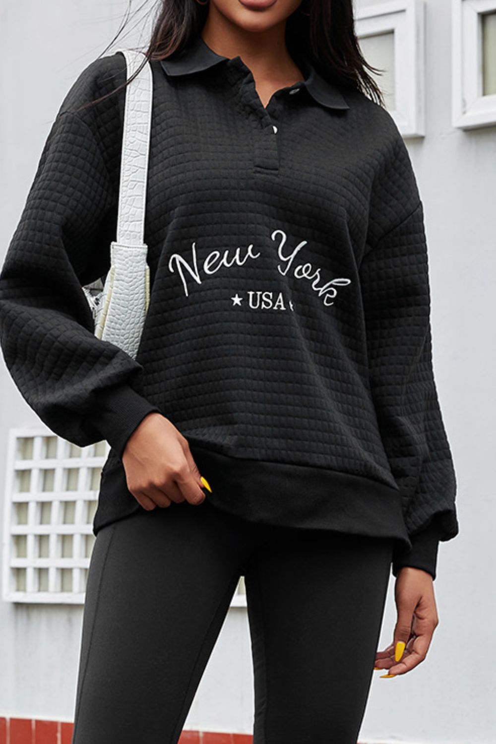 NEW YORK USA Button Detail Long Sleeve Sweatshirt