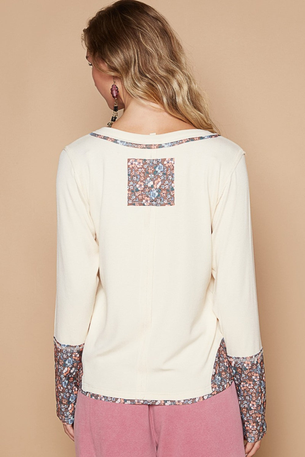 POL V-Neck Long Sleeve Floral Number Patch T-Shirt Trendsi