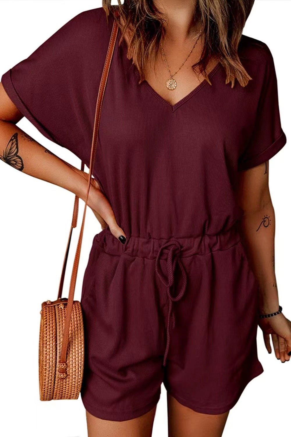 Full Size Drawstring V-Neck Short Sleeve Romper Trendsi