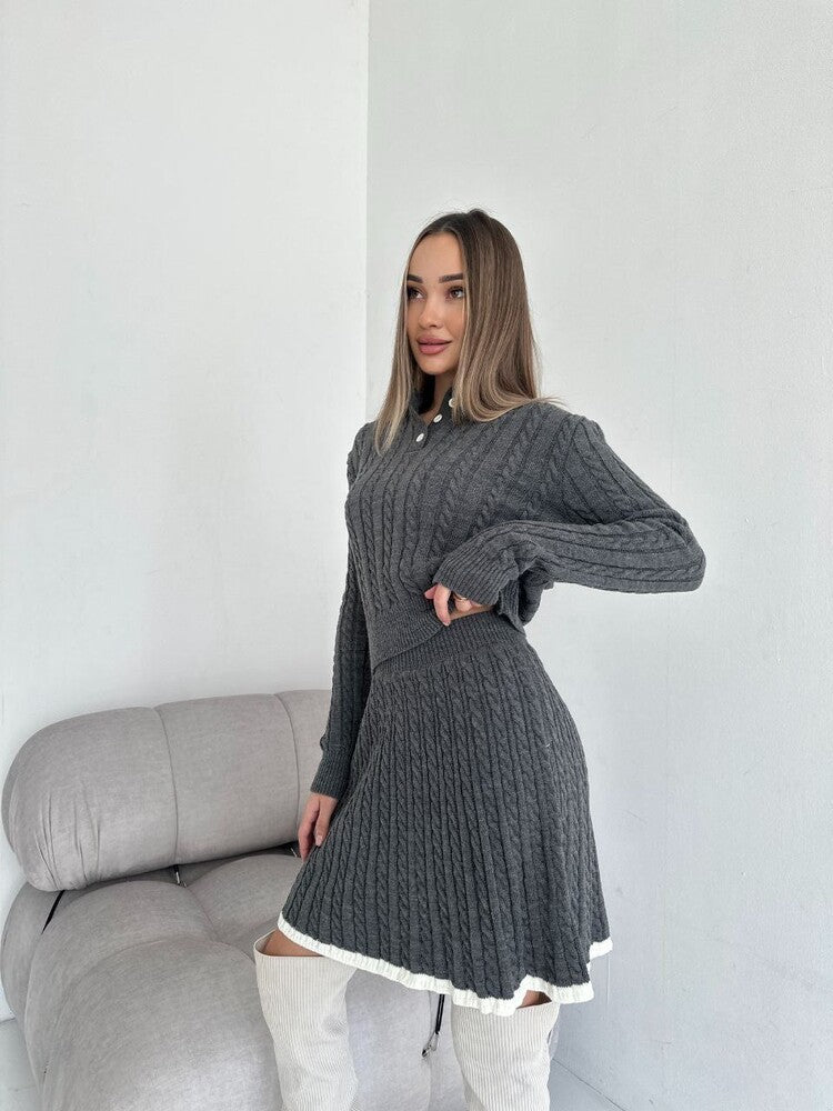 Long Sleeve Knitted Button Sweater Dress Suit Women ARZ