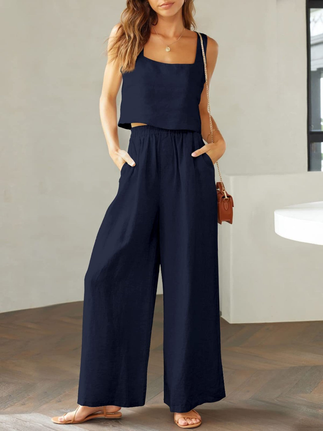 Square Neck Top and Wide Leg Pants Set Trendsi