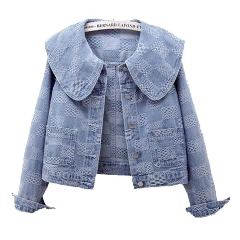 Niche Sailor Collar Jacquard Short Denim Coat ARZ