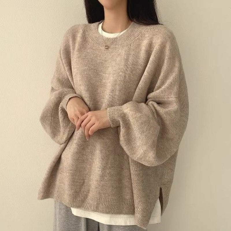 Temperament Crew Neck Pullover Lantern Sleeve Loose Sweater For Women ARZ